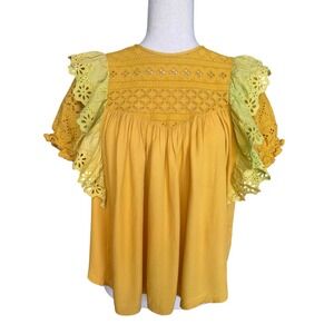 Allison New York Eyelet Ruffle Top Puff Sleeves Yellow Summer Feminine Sz S